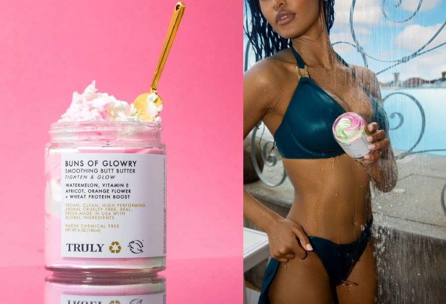 best skin tightening cream 2025 | side by side images of buns of glowry butter beside model holding buns of glowry butter