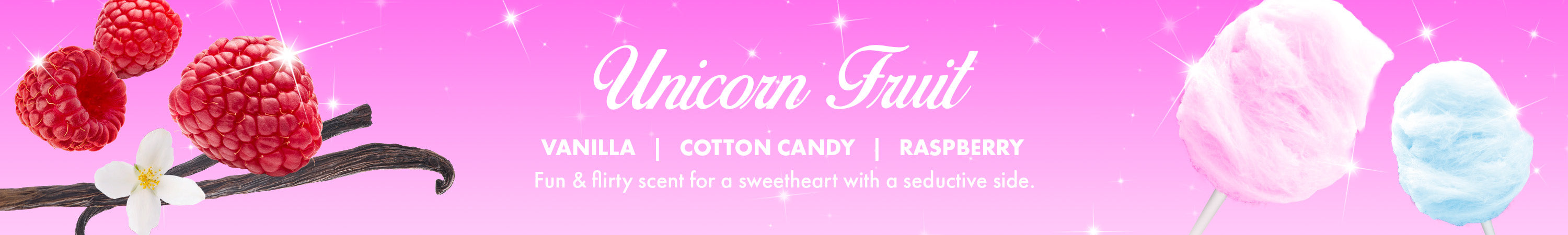 unicorn fruit fragrance collection - fun & flirty for a sweetheart with a seductive side. scent notes: vanilla, cotton candy, raspberry
