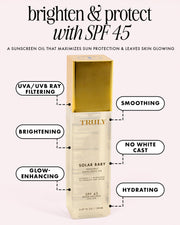 Sunscreen oil packaging with features listed on a white background
