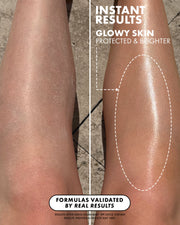 Before and after comparison of glowing skin on a person's leg with text about instant results and validated formulas.