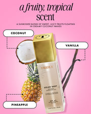 Suntan lotion packaging with coconut, vanilla, and pineapple elements on a pink background