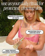 Woman applying sunscreen with text highlighting its benefits