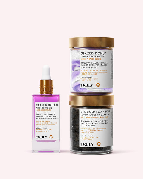 Three Truly Beauty products from Annas Everyday Routine are arranged against a light background, highlighting luxe skincare essentials.