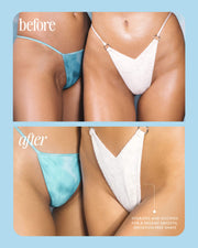 Two side-by-side photos compare two womens bikini lines: the top (before) shows blue bikini bottoms with irritation, while the bottom (after), thanks to Truly Beauty’s Coco Cloud After Shave Moisturizer, reveals smoother skin in white bikini bottoms.