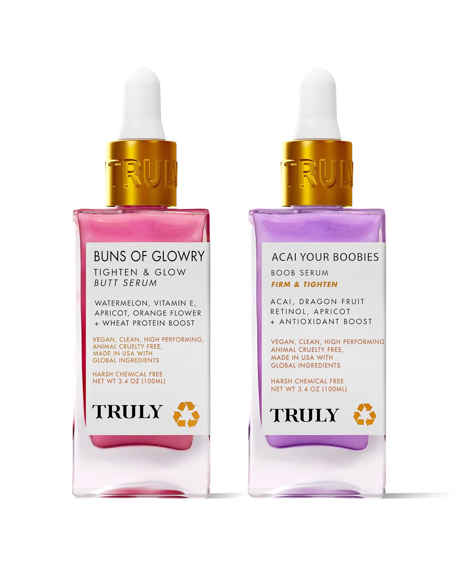 The Body Serum Duo by Truly Beauty features two dropper bottles—one with pink Buns of Glowry serum and one with purple Acai Your Boobies serum—both with white labels and gold droppers for a luxe, anti-aging touch.
