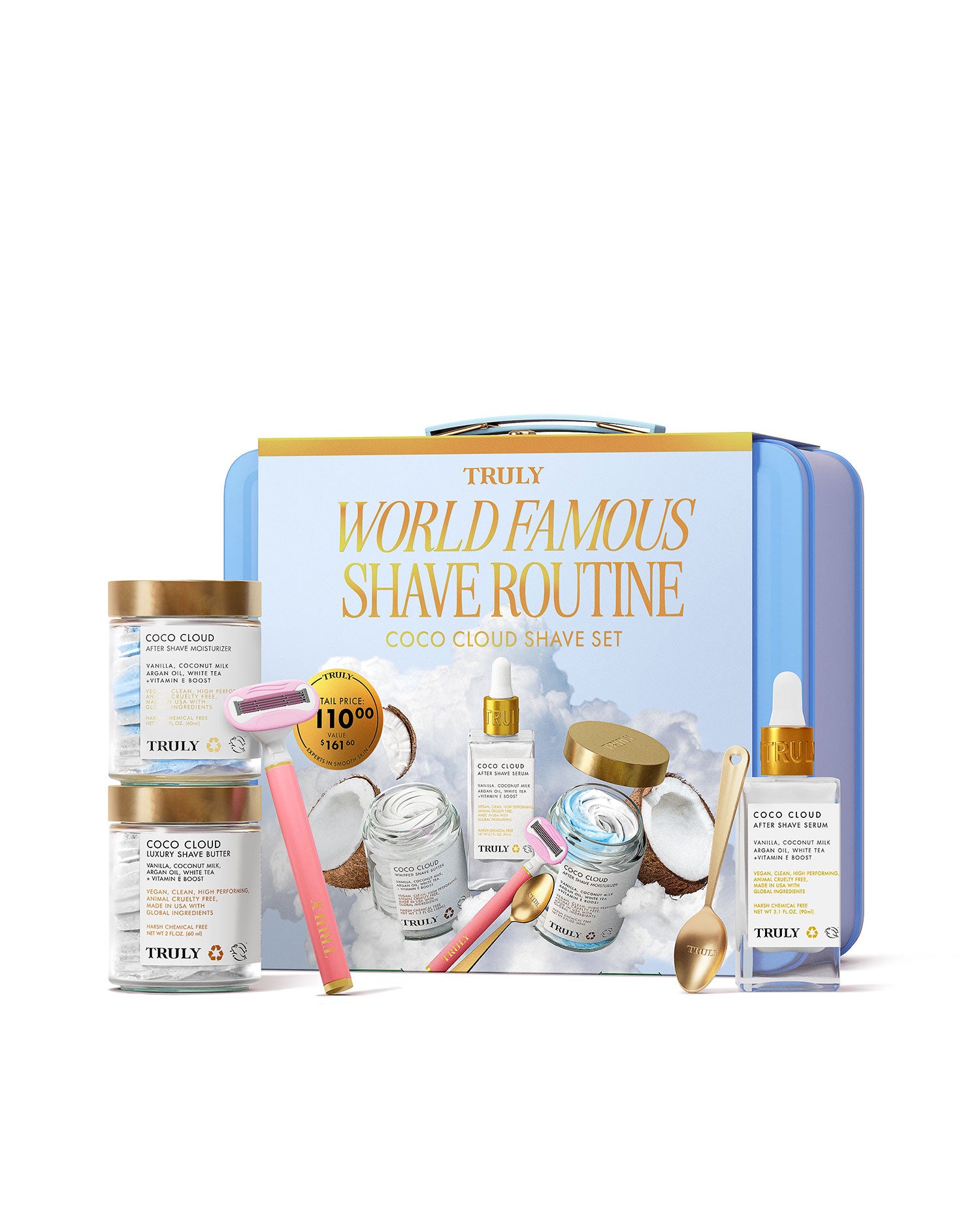 The Truly Beauty Coco Cloud Shave Set features pastel jars of shaving cream and shave butter, a pink-and-yellow 5-blade razor, a dropper bottle, spoon, and coconut-themed packaging labeled World Famous Shave Routine.