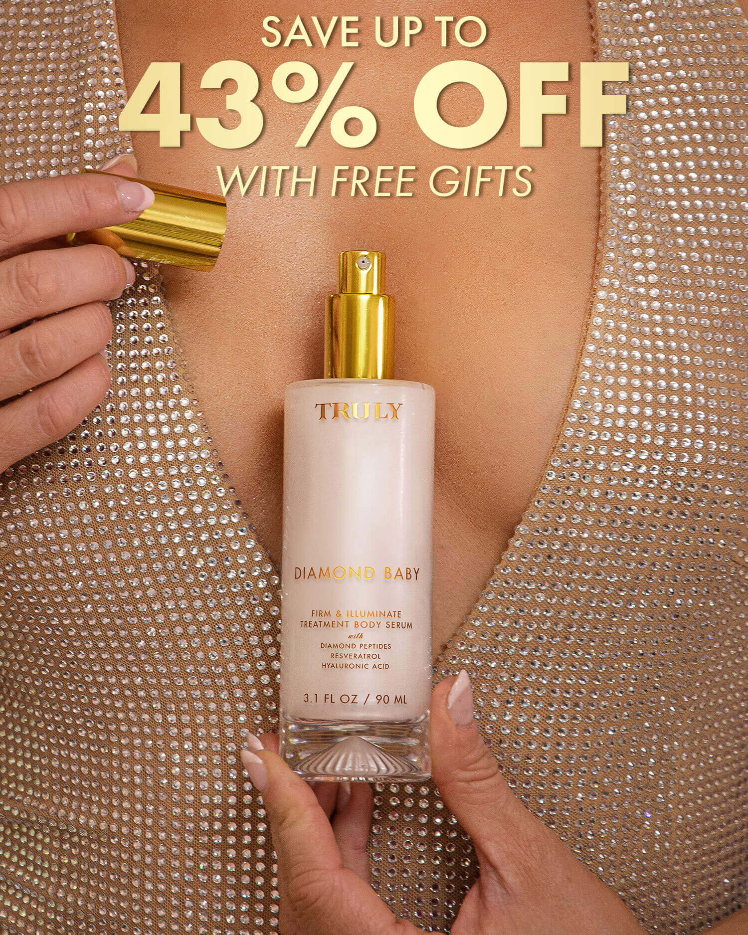 Skincare product with gold cap held by a hand against a textured gold background, promotional text overlay.