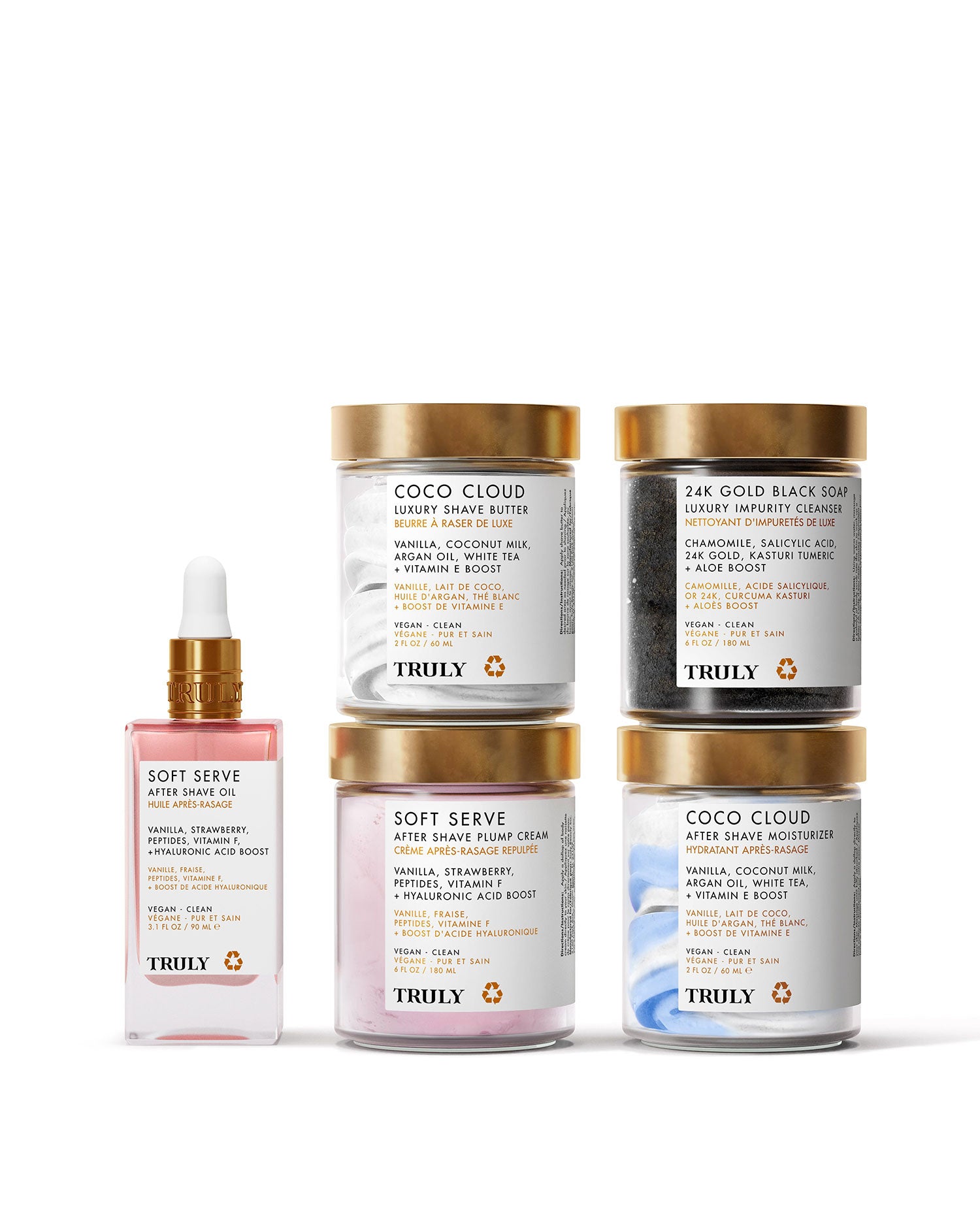 Five skincare products from Truly Beauty’s Gabrielles Ultimate Routine, including a plumping dropper and jars labeled “Soft Serve” and “Coco Cloud,” are arranged side by side against a light pink background for radiant skin.