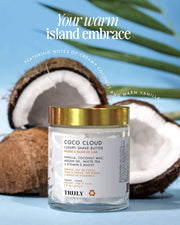 A jar of Truly Beauty Coco Cloud Luxury Shave Butter is displayed with coconuts and a palm leaf, highlighting its creamy coconut milk scent and smooth formula that helps prevent ingrown hairs.