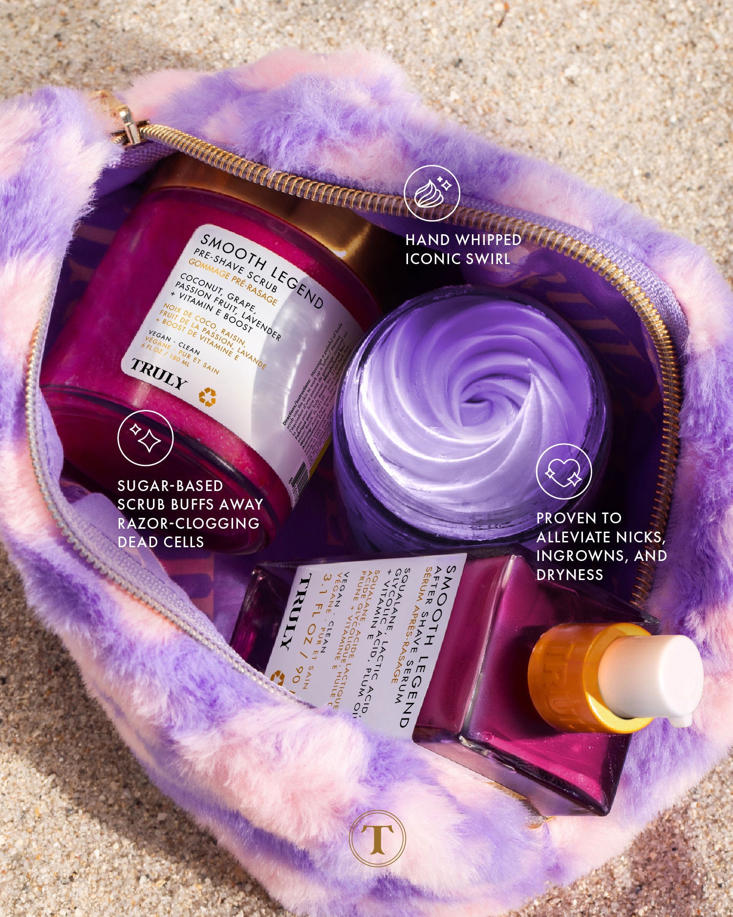On sand, an open cosmetic bag holds three purple Truly Beauty Smooth Legend Shave Routine products—a swirl-textured cream, a jar, and a pump bottle. Overlaid text highlights smooth skin and exfoliating benefits for your best shave.