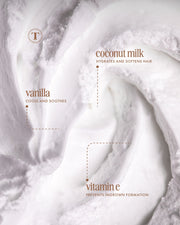 Truly Beauty’s Coco Cloud Luxury Shave Butter features a creamy white swirl with labeled benefits: vanilla cools and soothes, coconut milk hydrates and softens hair, and vitamin E helps prevent ingrown hairs—shown on a textured background.