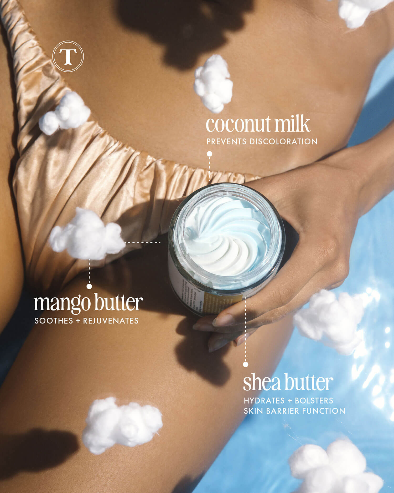 A person in a gold swimsuit sits in a pool, holding a jar of Truly Beauty’s Coco Cloud After Shave Moisturizer. Text points out the benefits of coconut milk and shea butter as cloud graphics float around their arm.