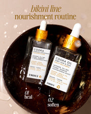 Two glass dropper bottles labeled “Cooka Oil” by Truly Beauty rest in a brown dish. Above, text explains a bikini line care routine for soothing ingrown hairs and nourishing pubic hair.