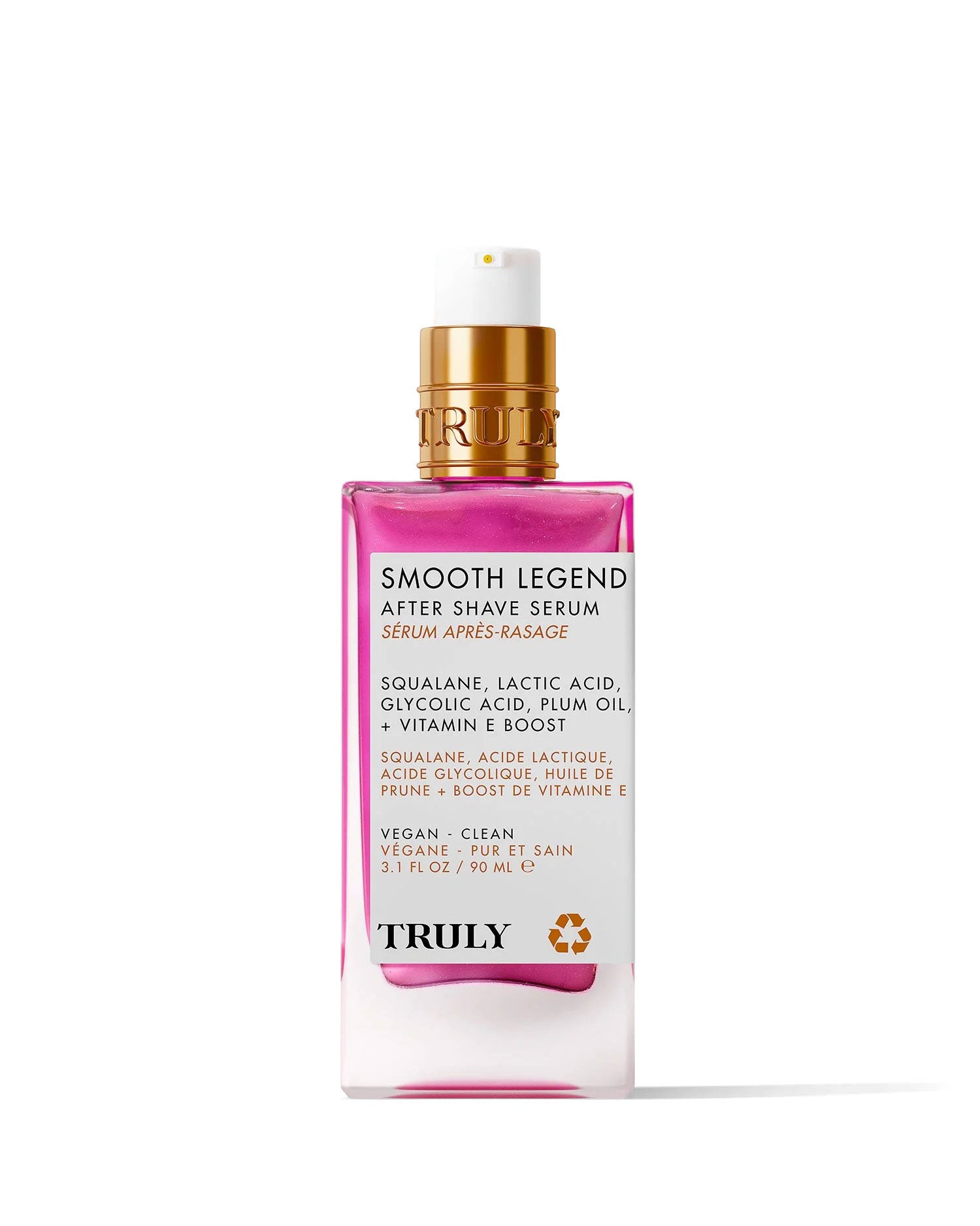 A pink and gold 3.1 fl oz bottle of Truly Beauty’s Smooth Legend After Shave Serum, a vegan formula with exfoliating AHAs, squalane, lactic acid, glycolic acid, plum oil, and vitamin E to hydrate skin.
