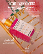 A bottle of Truly Beauty’s Smooth Legend After Shave Serum sits on a gold rack, with text highlighting clean ingredients like exfoliating AHAs and plum oil, plus skincare benefits such as hydration listed beside each.