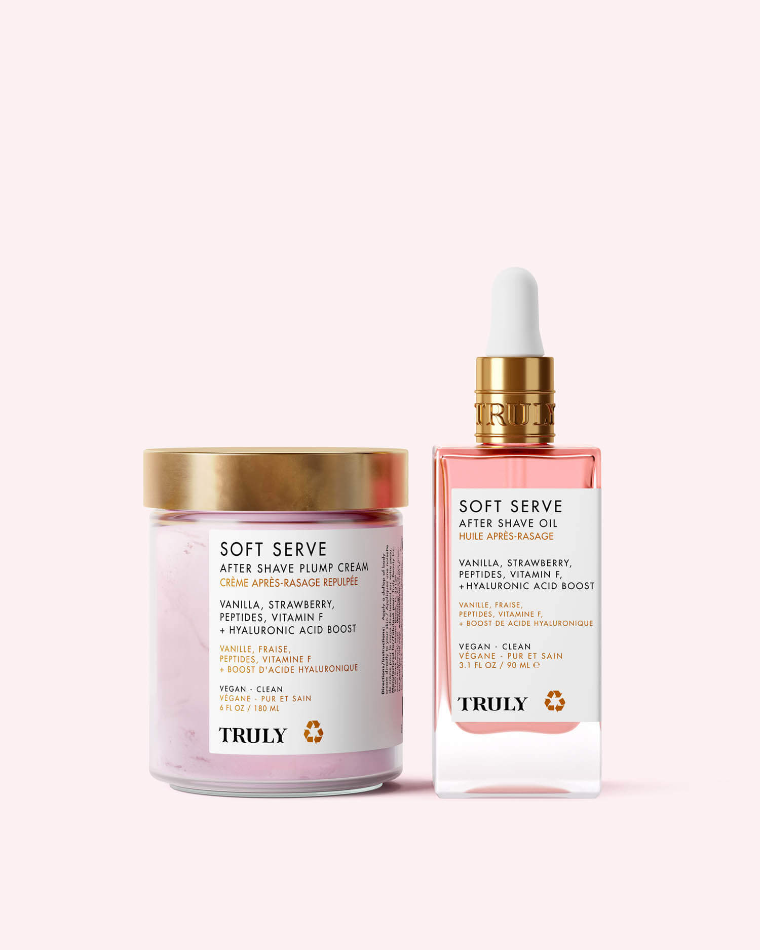 The Soft Serve After Shave Duo by Truly Beauty includes a hydrating cream and an ingrown-fighting oil, both featuring vanilla, strawberry, peptides, and hyaluronic acid.
