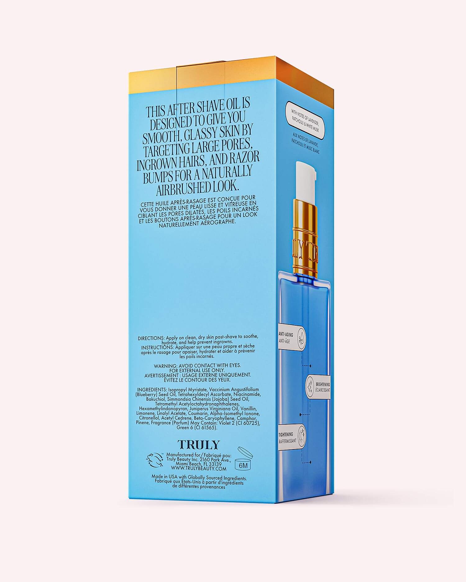 A blue and gold box of Truly Beautys Glass Skin After Shave Oil with bakuchiol displays details and ingredients; inside, a clear pump bottle is partially visible, promising glass skin after every shave.