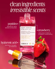 A bottle of Truly Beautys Soft Serve After Shave Duo with pink liquid, dropper, and strawberries. Text highlights peptides, hyaluronic acid, and strawberry for hydration and ingrown-fighting benefits. Pink background.
