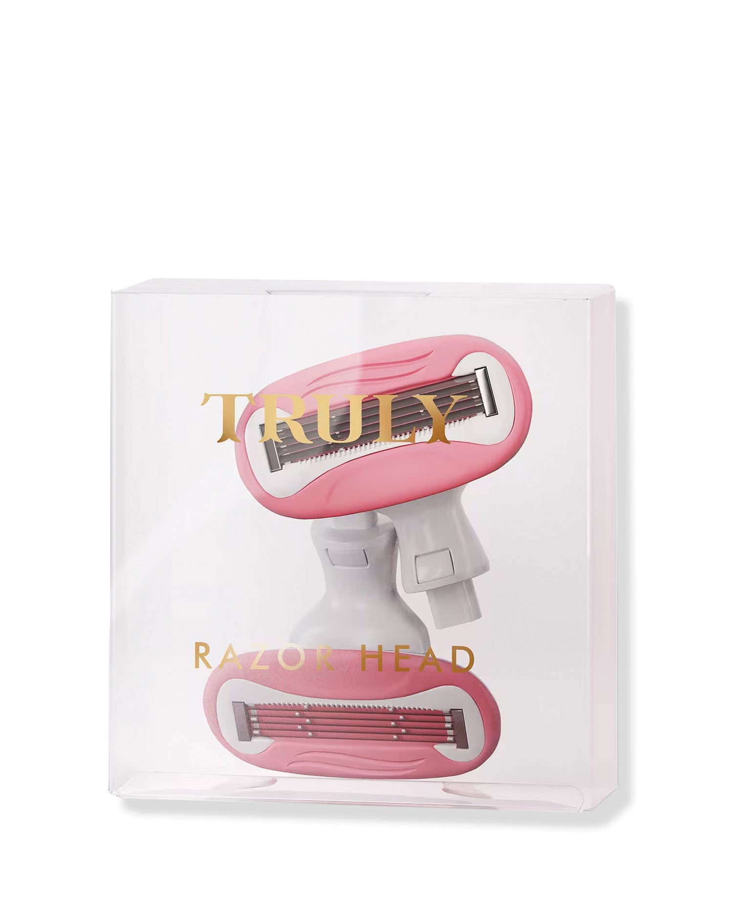 Two pink and white double-blade Razor Cartridges by Truly Beauty come in a clear plastic box labeled TRULY RAZOR HEAD in gold, designed to give you a silky smooth shave.