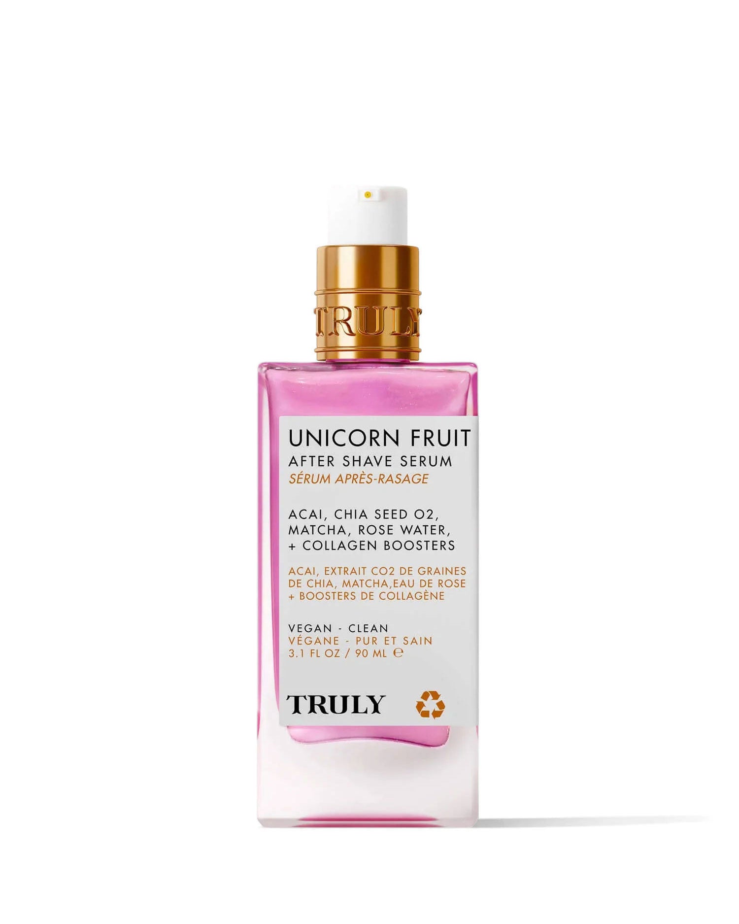 A 3.1 fl oz (90 ml) pink bottle of Truly Beauty’s Unicorn Fruit After Shave Serum with a gold pump, featuring collagen boosters, acai, chia seed oil, matcha, and rose water. Vegan and clean formula helps soothe skin and prevent ingrowns.