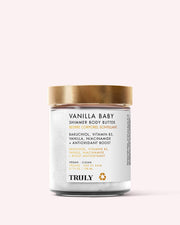 Truly Beauty’s Vanilla Baby Shimmer Body Butter comes in a glass jar with a gold lid and white label, highlighting bakuchiol, niacinamide, and vanilla. This creamy formula provides a Smoothing Shimmer for subtle radiance.