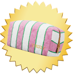 Striped pouch with a gold 'Truly' branding on a yellow sunburst background