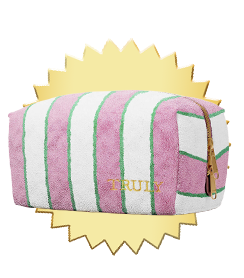 Striped pouch with a gold 'Truly' branding on a yellow sunburst background