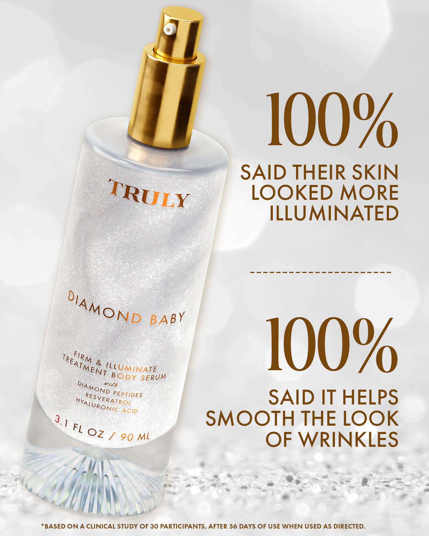 Diamond Baby serum bottle with gold spray nozzle on a white background, featuring text about skin benefits.