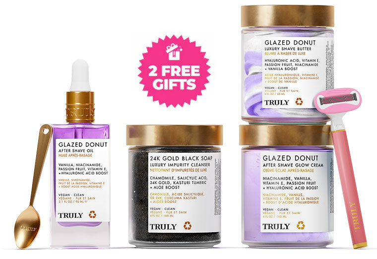 Collection of Truly skincare products with free gifts offer on a white background