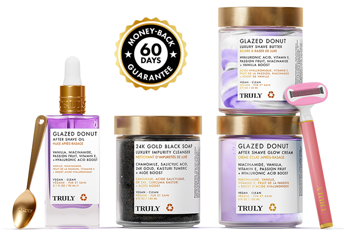 Truly skincare products including oil, soap, and cream with a money-back guarantee badge on a white background.