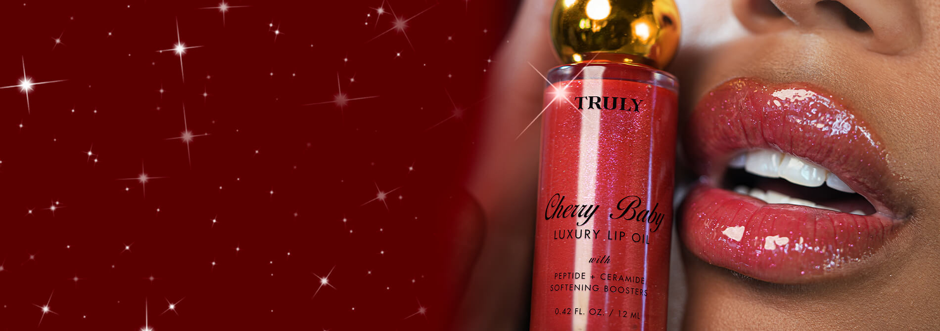 Riley Beauty luxury lip oil with a close-up of a person's lips wearing the product.