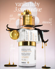 The Truly Beauty Vanilla Baby Luxury Trio—body butter, perfume, and glow oil—rests on honey drips, vanilla pods, and cotton. Labeled 01 glow, 02 shimmer, 03 spritz on a light pink background, it highlights luminous skin essentials.