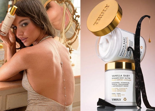 new year resolutions 2026 | left image shows woman in bubble bath surrounded by truly products, right image shows basket full of fresh cherries and Truly cherry baby oils
