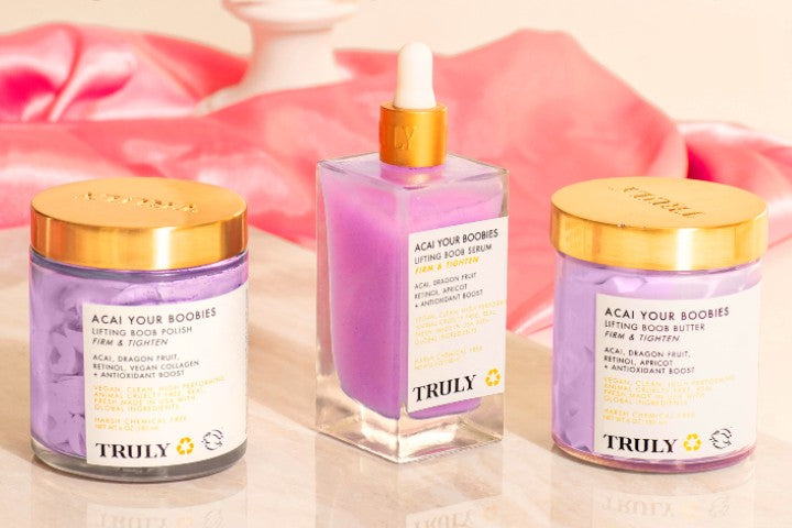Truly beauty's acai your boobies products - a boob polish, serum, and butter