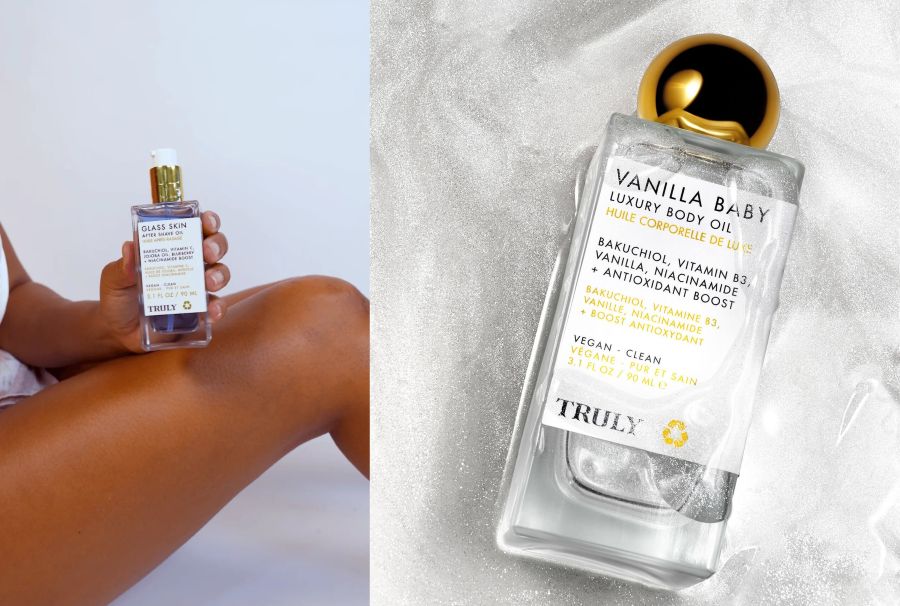 bakuchiol vs retinol | side by side photos displaying personal holding bottle of Truly's glass skin oil over legs and closeup of Truly's Vanilla Baby Body Oil with a silvery shimmery textured background