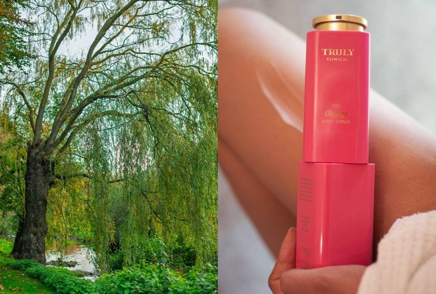  Benefits of Willow Bark Extract for Skin | side by side image with left image showing weeping willow tree by riverside and right image showing closeup of Truly's The Clearing Body Serum in front of woman's leg 