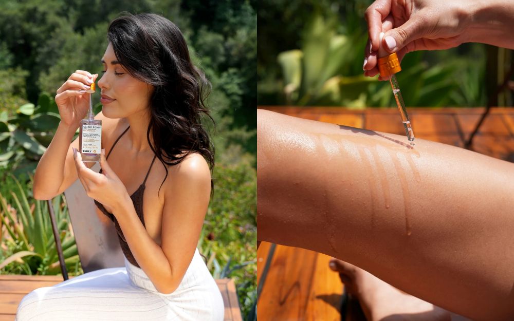 after shave for women | Photos of young women with dark hair holding truly's glazed donut after shave oil and closeup of applying to leg