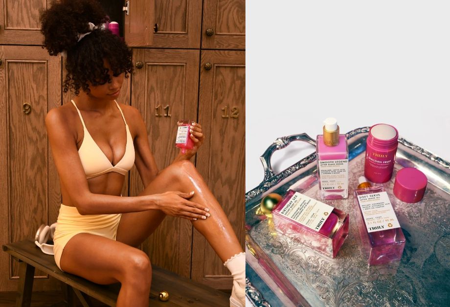 A woman doing body care routine in front of wooden lockers, while a silver tray displays several body care products.