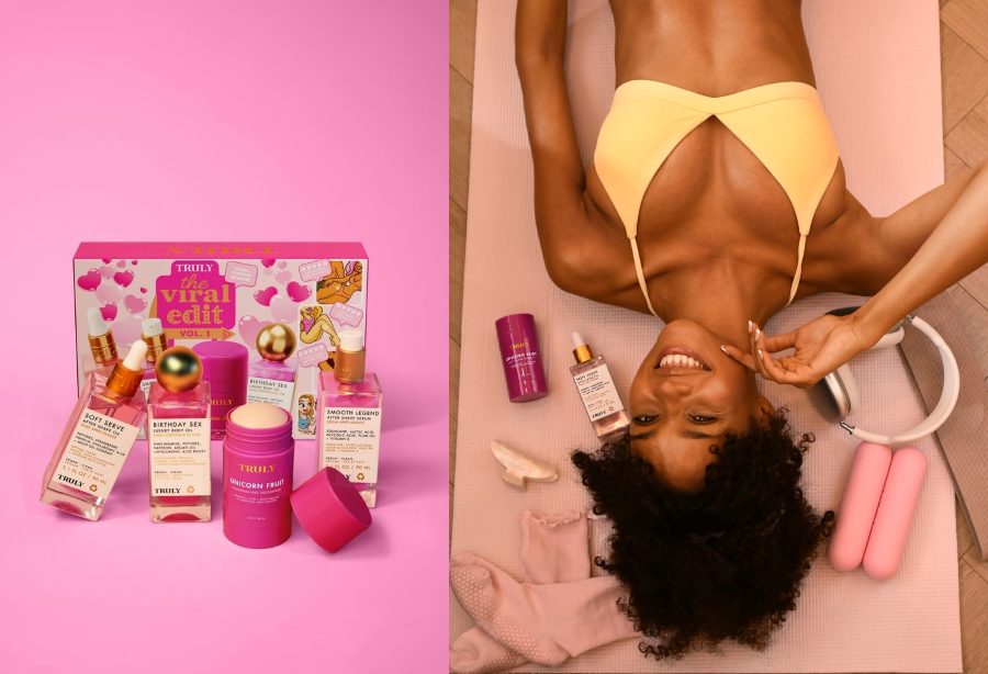 left image shows Truly's the viral edit best galentine's day gift set, right image shows a woman in a yellow bikini top lying on a pink mat, smiling, surrounded by The Viral Edit, pink socks, a water bottle, pink dumbbells, and headphones