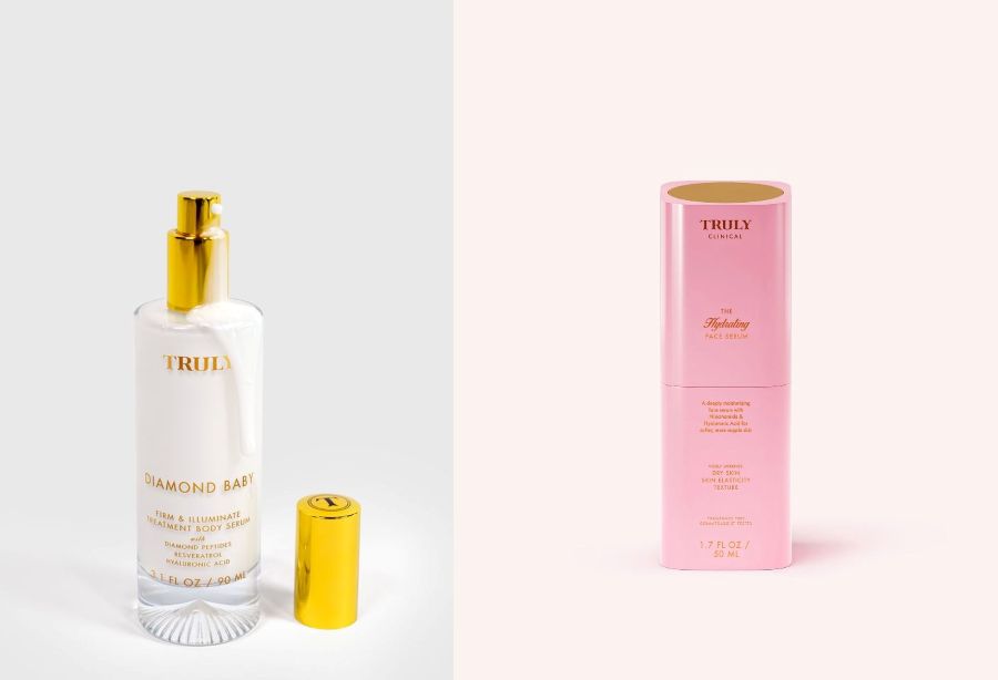Best hyaluronic acid serums 2026 | Two Truly skincare serums side-by-side: a gold-capped glass bottle and a sleek pink bottle with neutral backgrounds