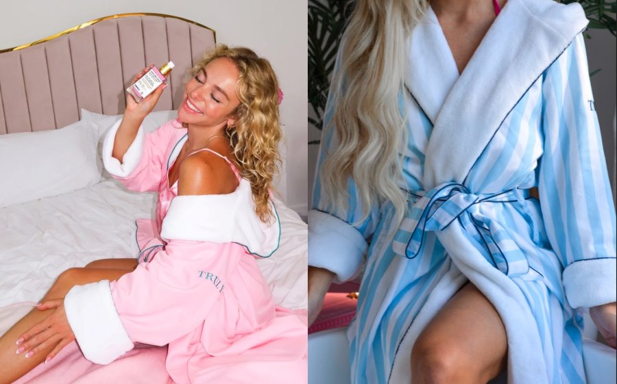 best luxury bathrobes for women | left image shows woman wearing pink robe and right image shows woman wearing blue striped robe