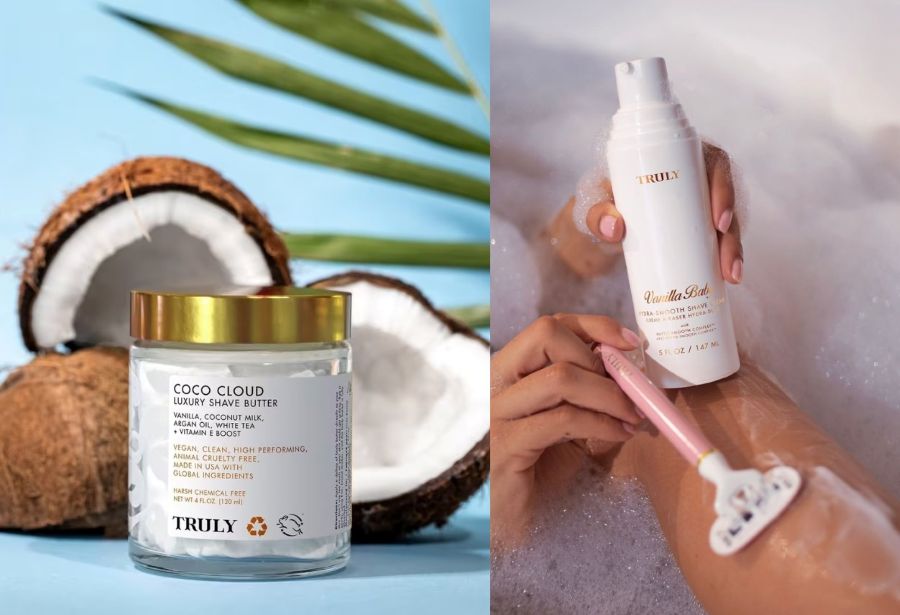 best shaving cream for women | side by side - left image shows Truly Coco Cloud shave butter in front of halved coconut shells, right image shows closeup of woman's hand holding Truly Vanilla Baby Shave Cream and pink razor across leg in bubble bath