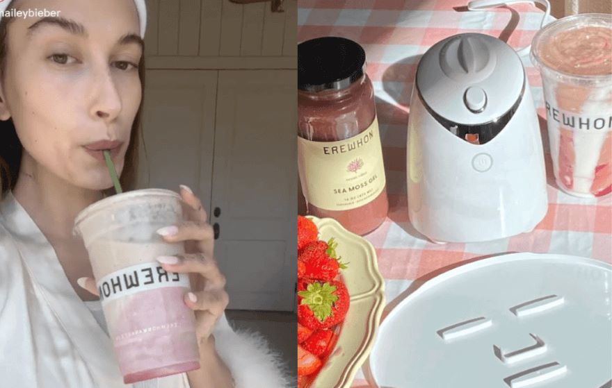 Hailey Bieber smoothie | side by side images of Hailey Bieber drinking strawberry skin glaze smoothie on left and erewhon diy smoothie on right