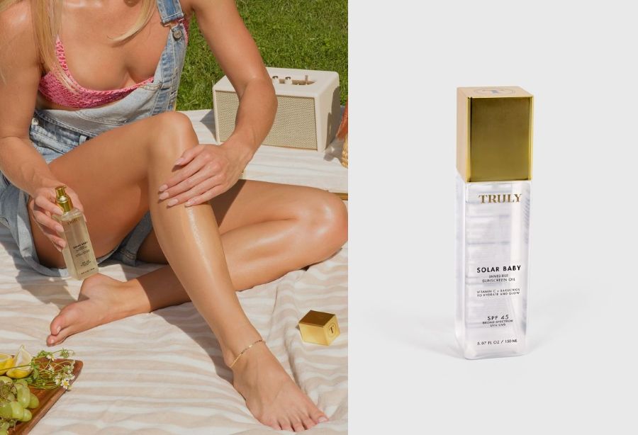 how long does sunscreen last on skin | Side-by-side images showing a person applying Truly Beauty’s Solar Baby SPF 45 for a hydrated glow and a close-up of the bottle