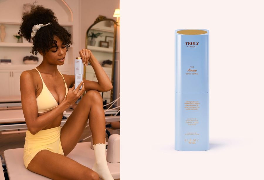 how to get rid of cellulite on arms | side by side image showing young woman in pilates class holding bottle of Truly's the firming body serum beside close up image of The firming serum