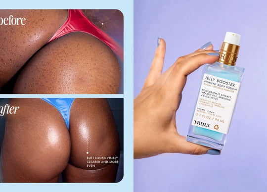 A hand holds a bottle from the Truly Beauty Body Brightening Set above a pink background, with two more serums, an open moisturizer jar, and serum drops for how to get even skin tone on body