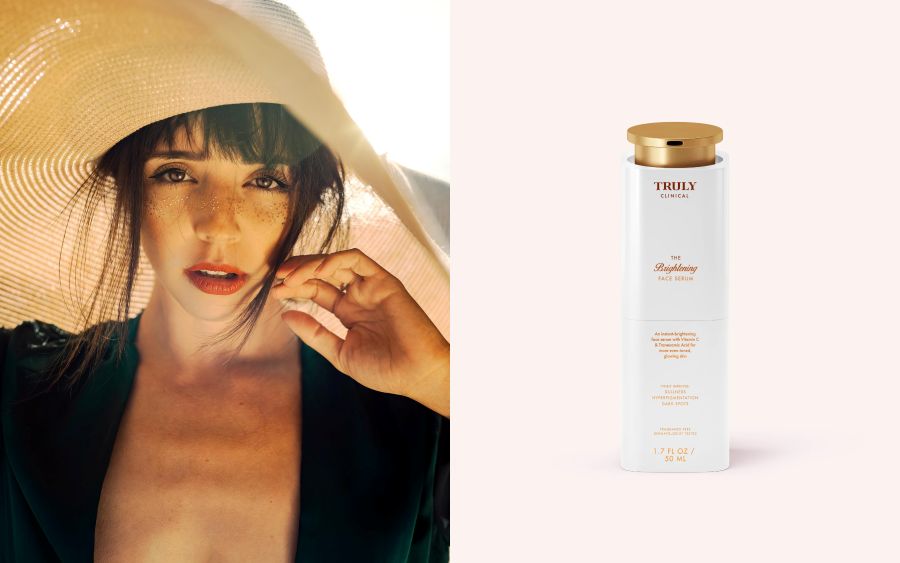how to get rid of dark upper lip | side by side images showing young woman on left wearing sun hat, and white bottle of Truly's The Hydrating Face Serum with light pink background on right side
