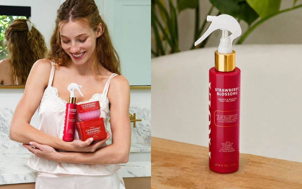dry elbows treatment | side by side images featuring woman holding three red body care products in the bathroom, beside a closeup shot of truly strawberry blossoms body peel spray