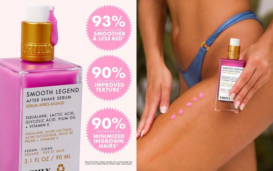 How to get rid of strawberry legs | side by side images showing Truly's smooth legend after shave serum for strawberry legs and closeup of woman applying pink serum to leg