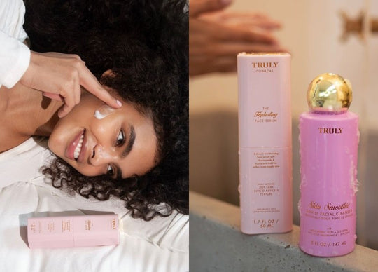 Benefits of Willow Bark Extract for Skin | side by side image with left image showing weeping willow tree by riverside and right image showing closeup of Truly's The Clearing Body Serum in front of woman's leg